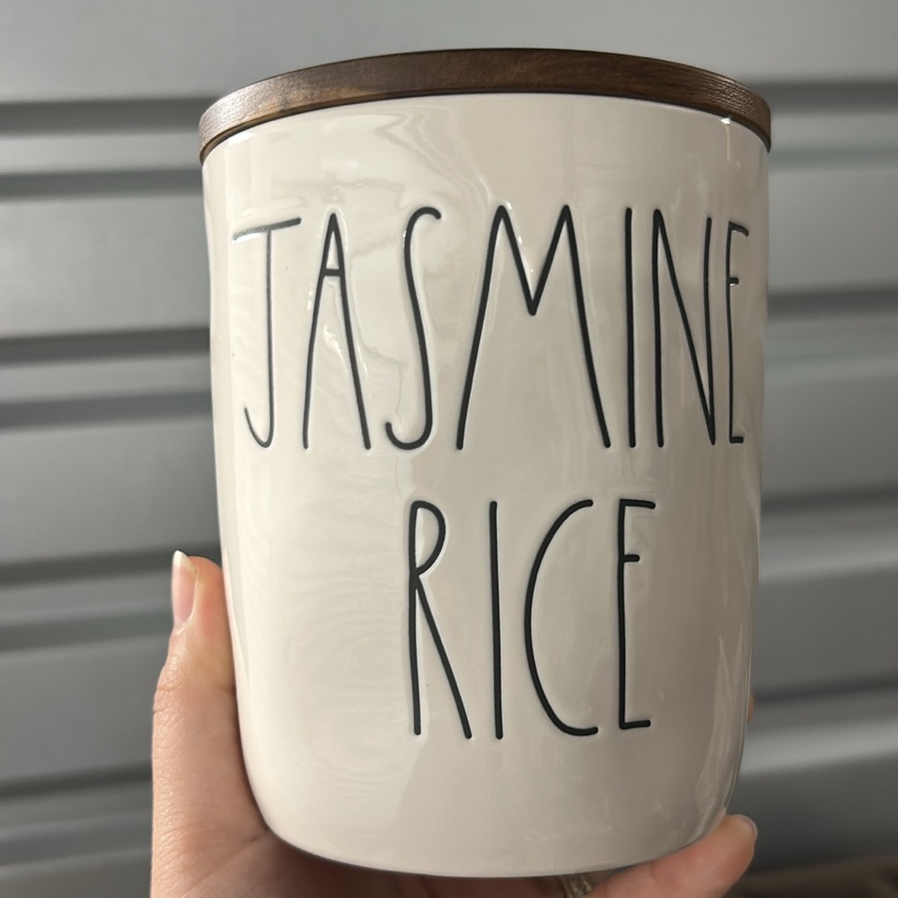 Rae Dunn Jasmine Rice Canister with Brown Lid